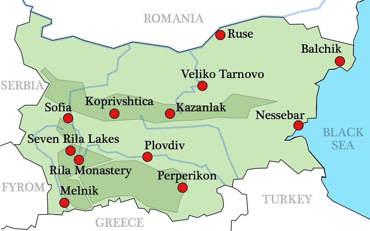 mapa bulharské kláštory